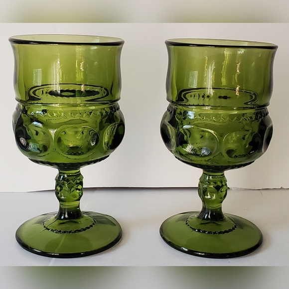 Indiana Glass Other - Indiana Glass Kings Crown Avocado Green Thumbprint Glass Goblets Water Wine MCM